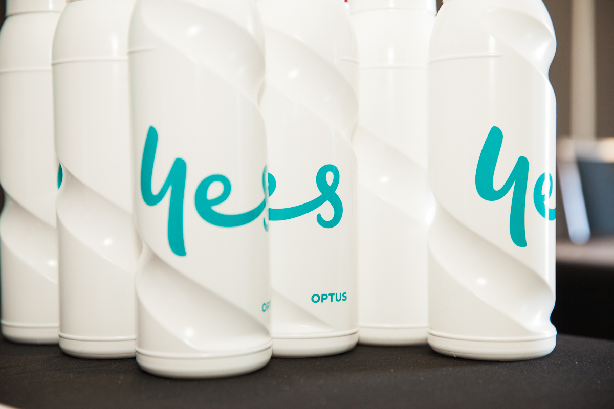 A row of white cans with the word " yes " written on them.